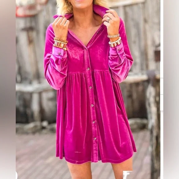 PINK Velvet Button-Up Dress size L - Picture 8 of 10